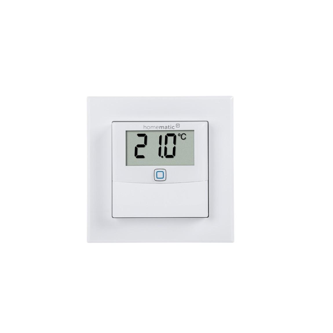 Homematic IP Temperatur- und Luftfeuchtigkeitssensor mit Display – innen in weiß front Ansicht