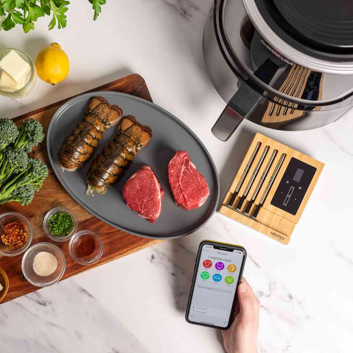 Meater Block - Smartes Fleischthermometer mit integriertem WLAN - silber_Steaks & Hummerschwänze mit Thermometer