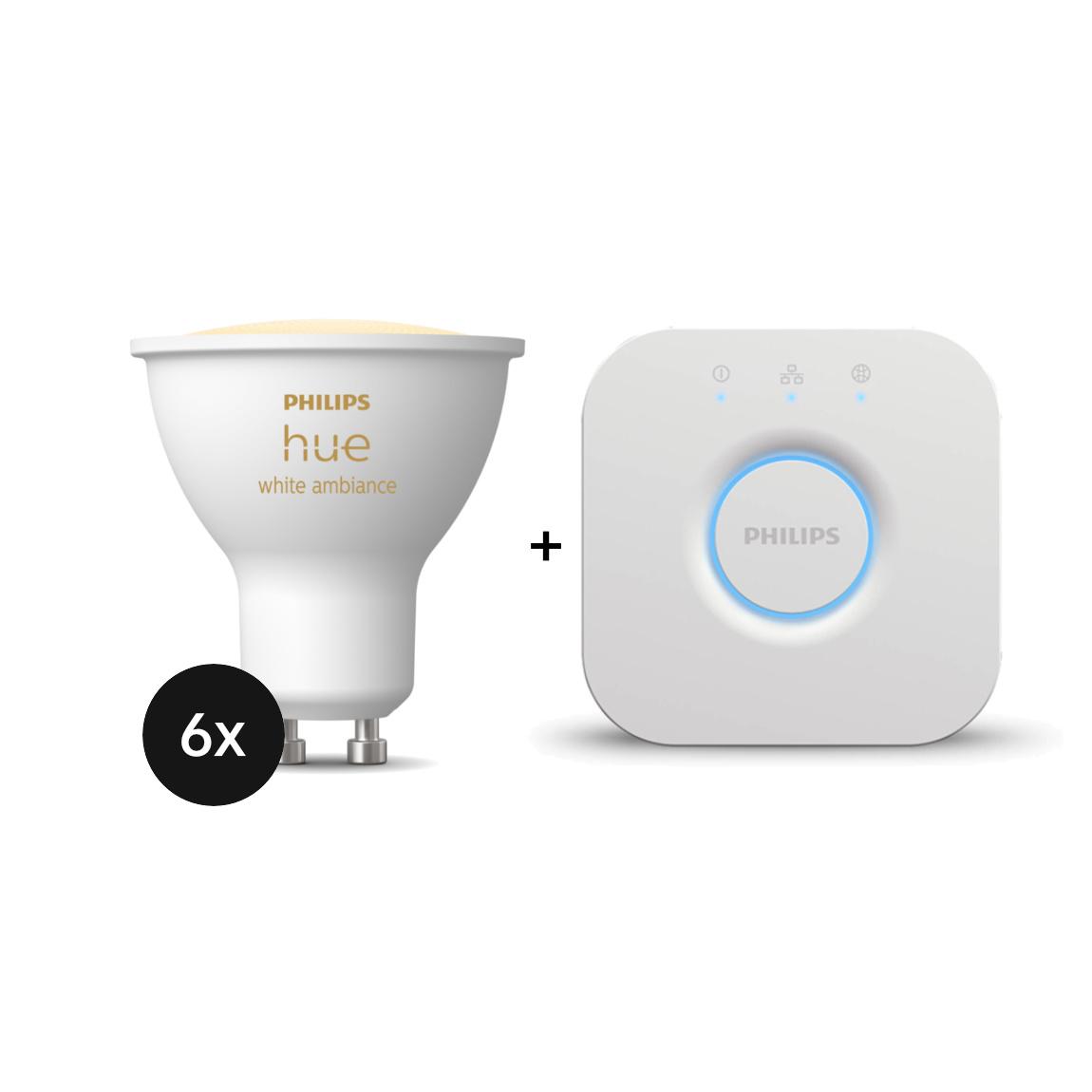 Philips Hue White Ambiance GU10 LED Lampe 400lm - 6er-Set + Bridge