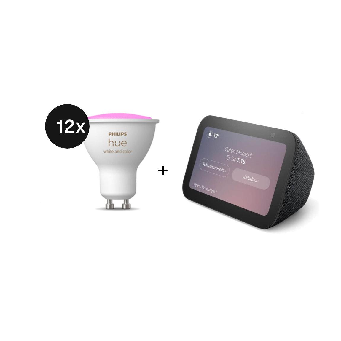 Philips Hue White & Color Ambiance GU10 Bluetooth 12er-Set - LED-Spot + Amazon Echo Show 5