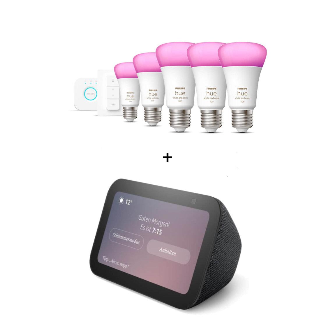 Philips Hue White & Color Ambiance E27 1100lm 5er Starter-Set + Amazon Echo Show 5 Gen. 3