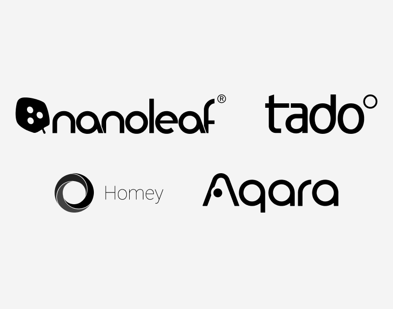 Nanoleaf, tado°, Homey und Aqara Logos